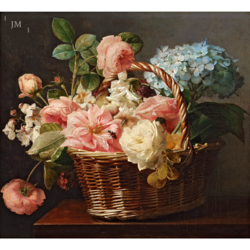 A Basket of Roses and a Hydrangea on a Marble Ledge with a chequered Beetle